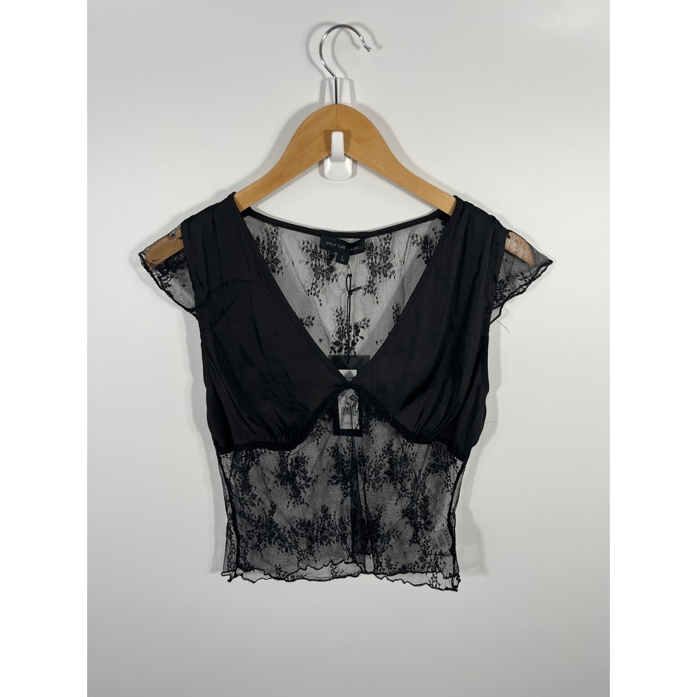 NWT Y2K Womens Babydoll Top L Black Sheer Lace Romantic Dainty Feminine Fairy